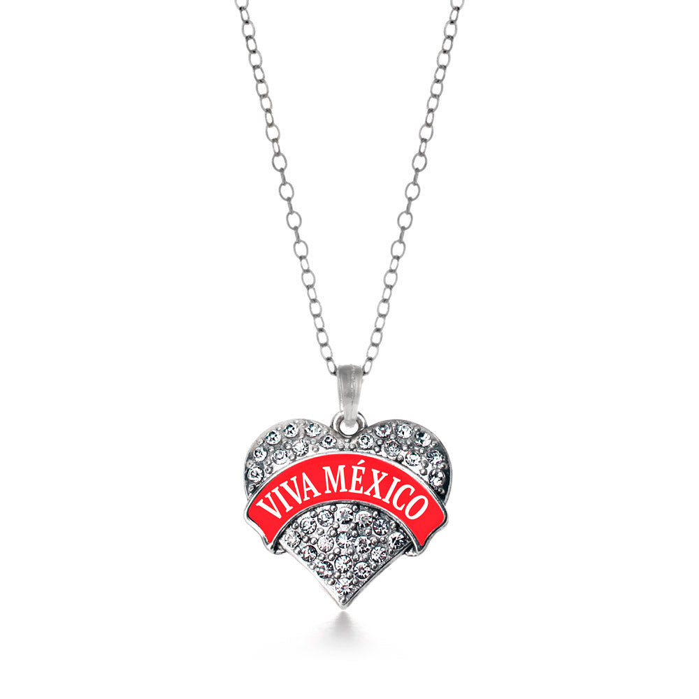 Silver Red Viva México Pave Heart Charm Classic Necklace