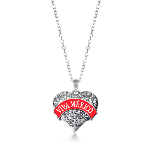 Silver Red Viva México Pave Heart Charm Classic Necklace