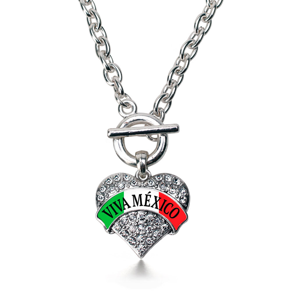 Silver Viva México Banner Pave Heart Charm Toggle Necklace