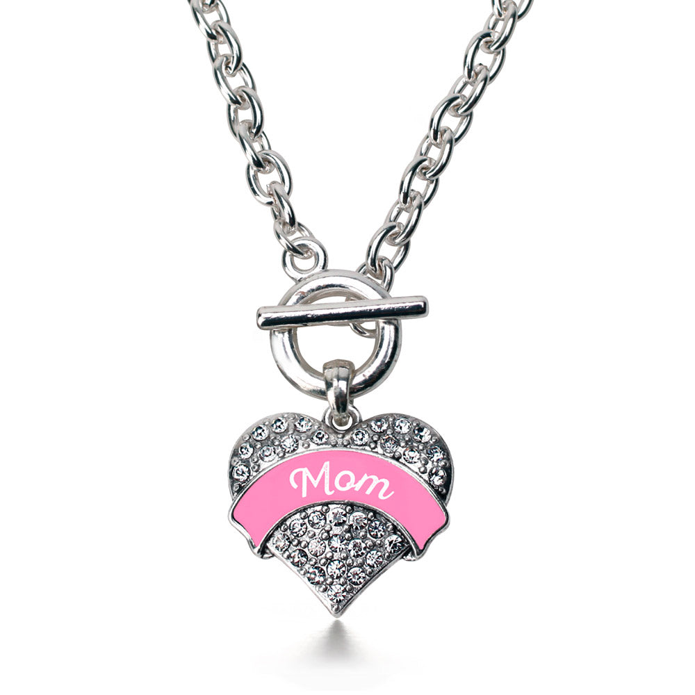 Silver Pink Mom Pave Heart Charm Toggle Necklace