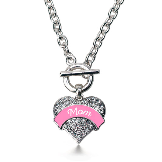 Silver Pink Mom Pave Heart Charm Toggle Necklace