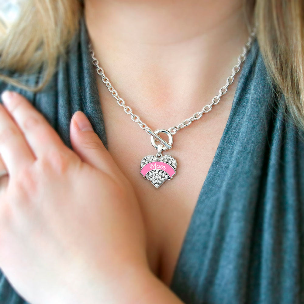 Silver Pink Mom Pave Heart Charm Toggle Necklace