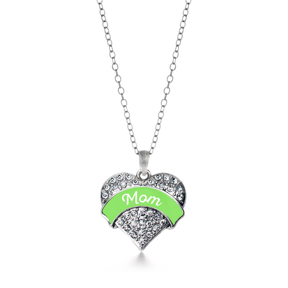 Silver Green Mom Pave Heart Charm Classic Necklace