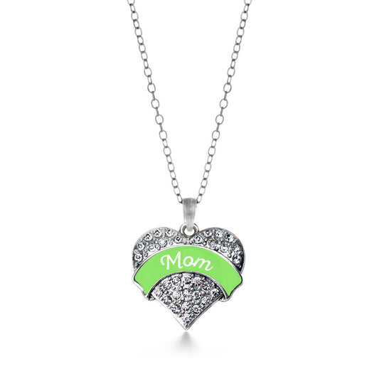 Silver Green Mom Pave Heart Charm Classic Necklace