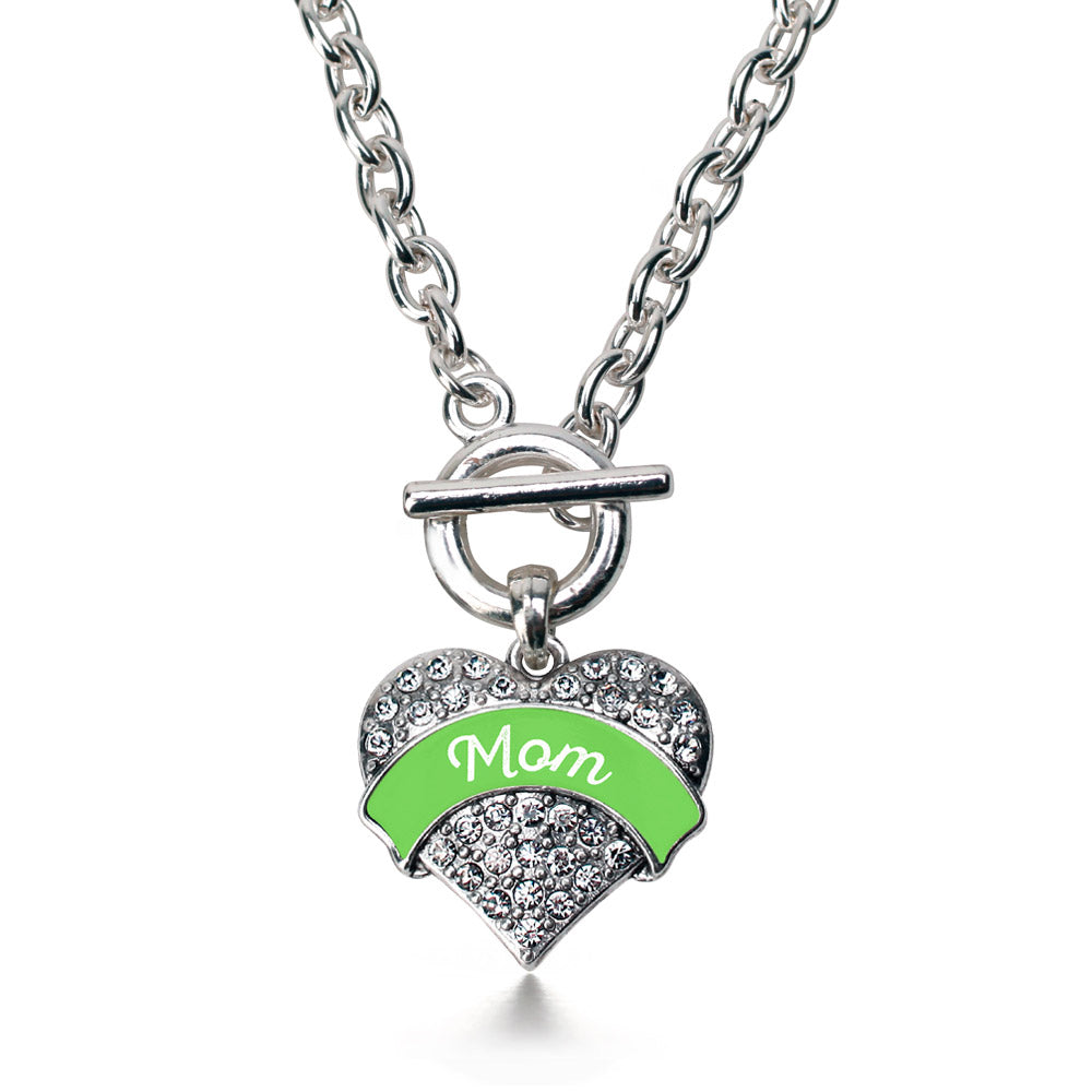 Silver Green Mom Pave Heart Charm Toggle Necklace