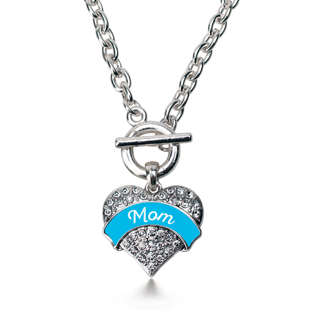 Silver Blue Mom Pave Heart Charm Toggle Necklace