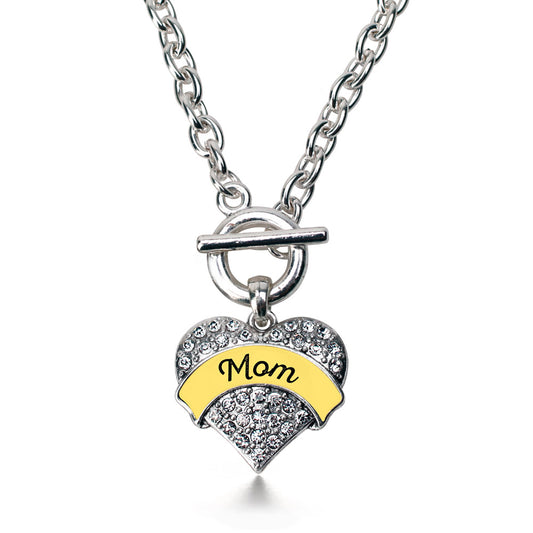 Silver Yellow Mom Pave Heart Charm Toggle Necklace