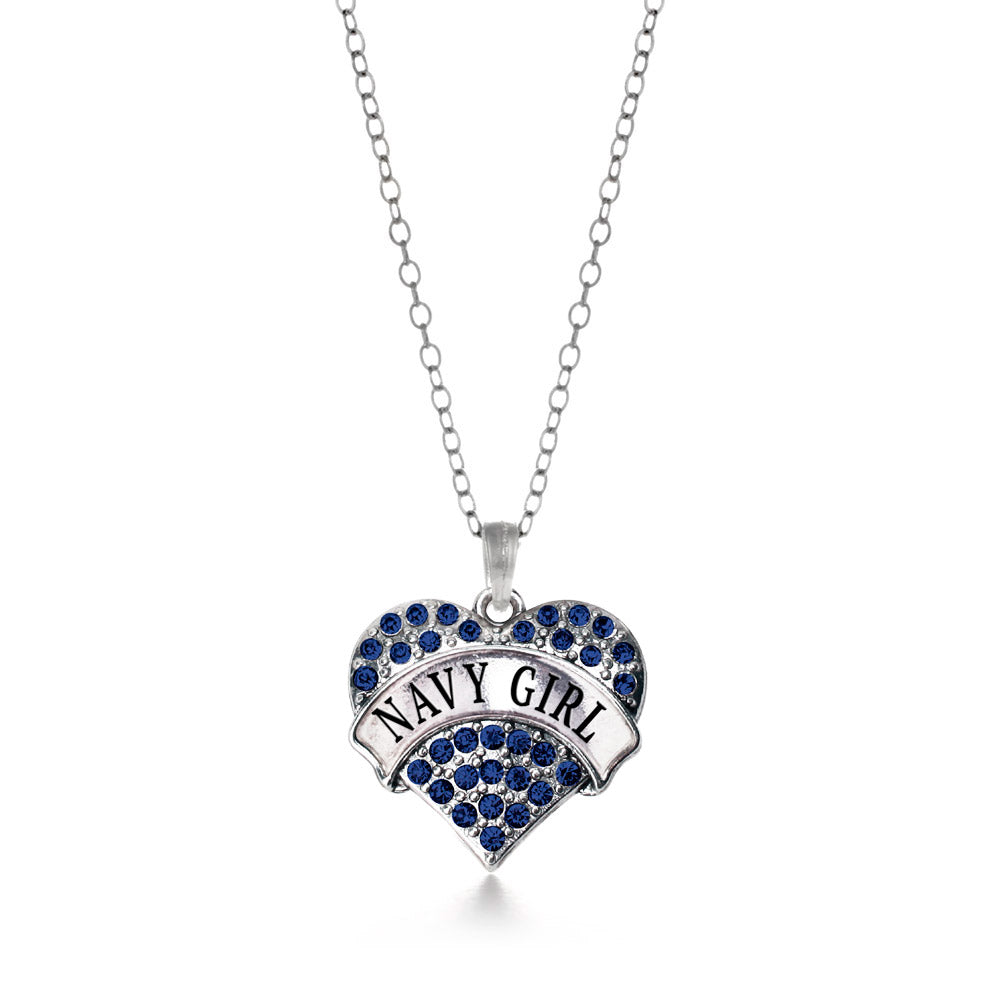 Silver Navy Girl Blue Pave Heart Charm Classic Necklace