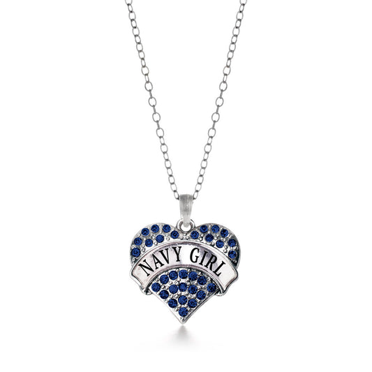 Silver Navy Girl Blue Pave Heart Charm Classic Necklace