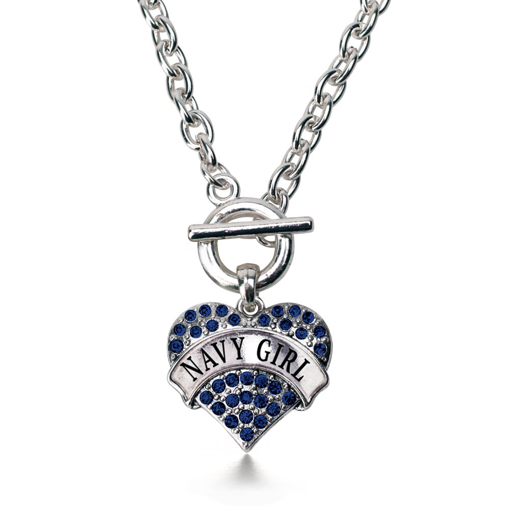 Silver Navy Girl Blue Pave Heart Charm Toggle Necklace