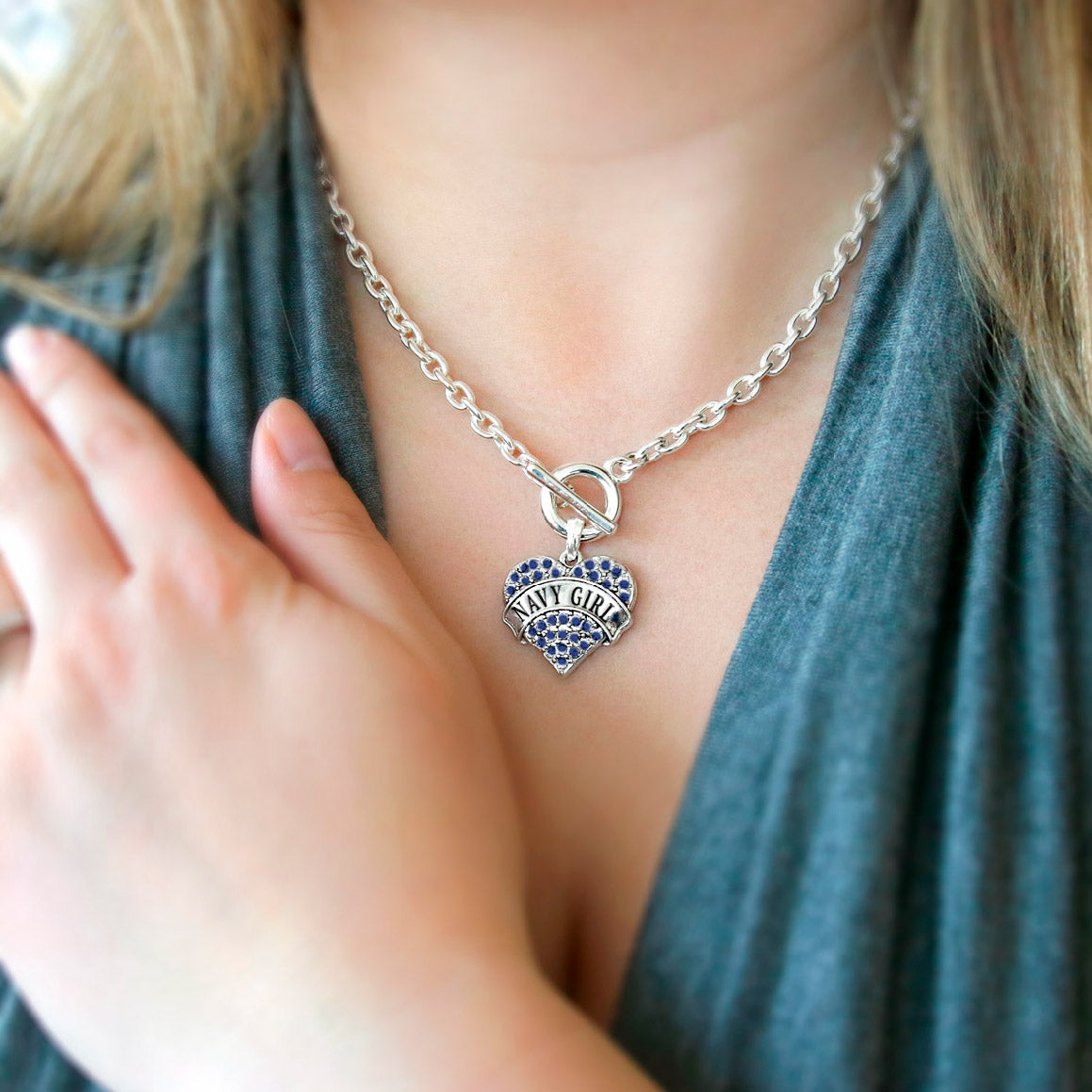 Silver Navy Girl Blue Pave Heart Charm Toggle Necklace
