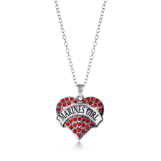 Silver Marines Girl Red Pave Heart Charm Classic Necklace