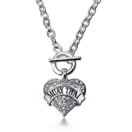 Silver Muay Thai Pave Heart Charm Toggle Necklace