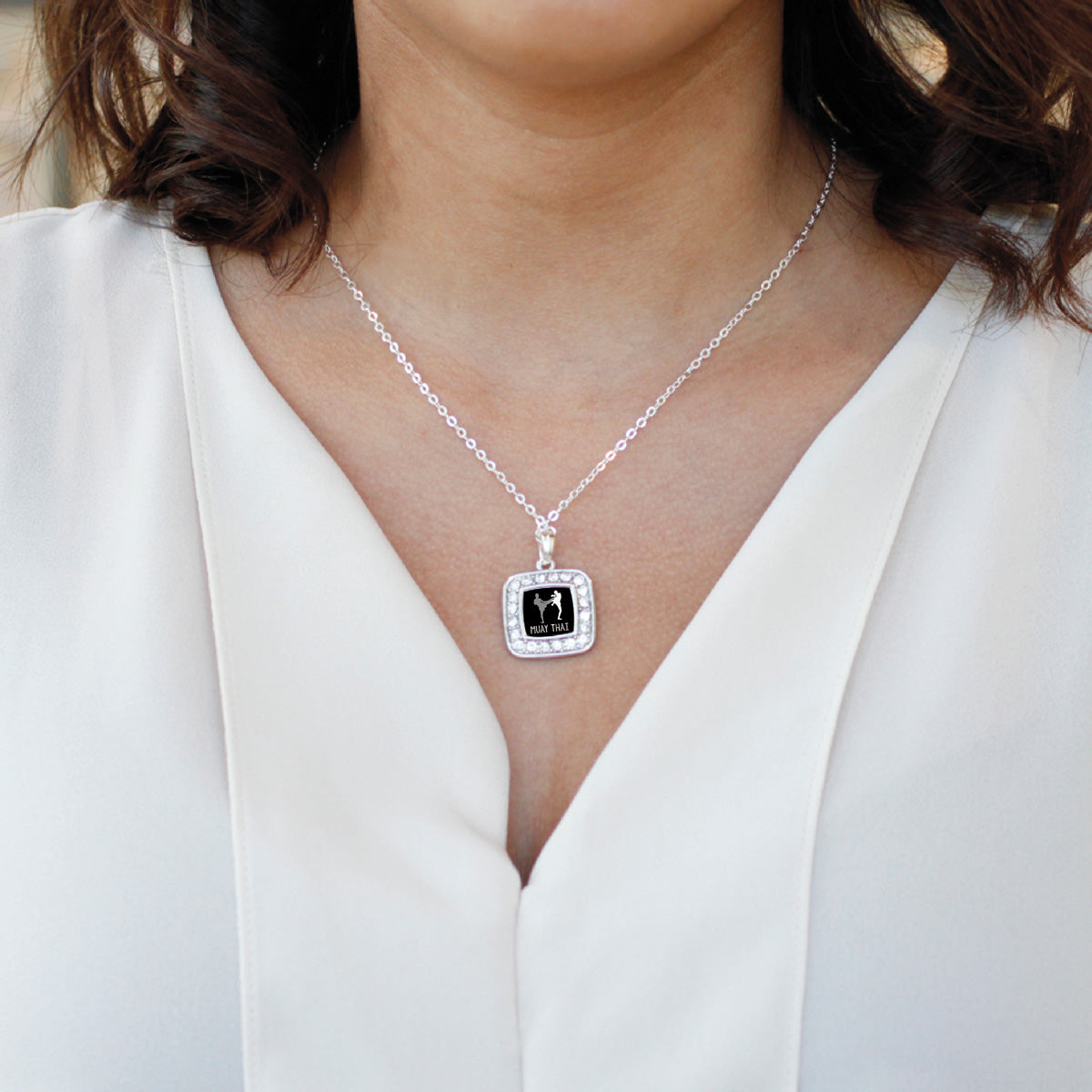 Silver Muay Thai Square Charm Classic Necklace