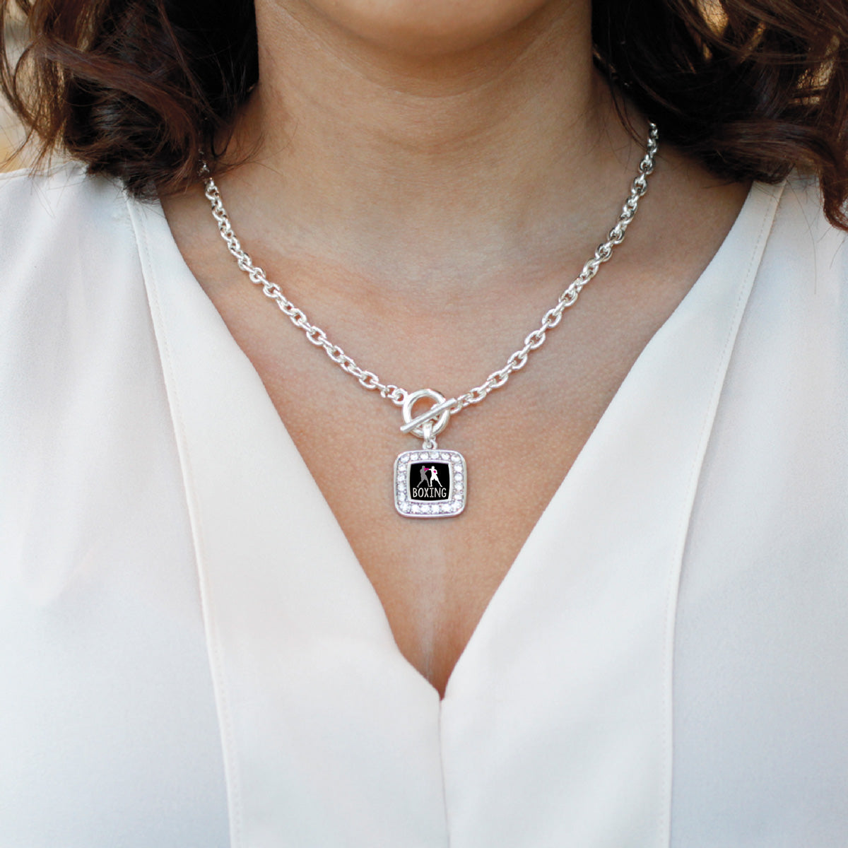 Silver Boxing Square Charm Toggle Necklace