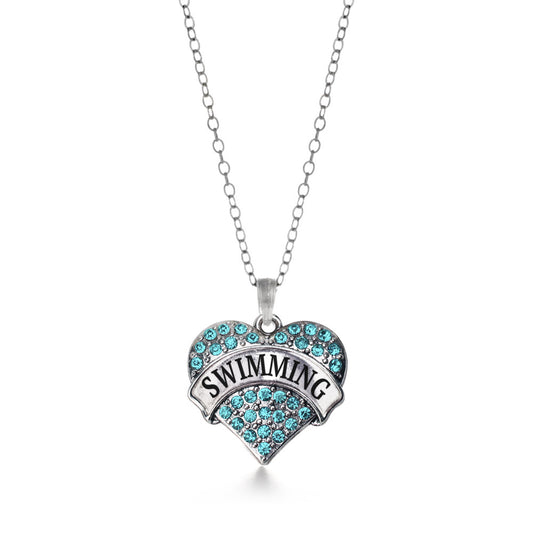 Silver Swimming Aqua Pave Heart Charm Classic Necklace