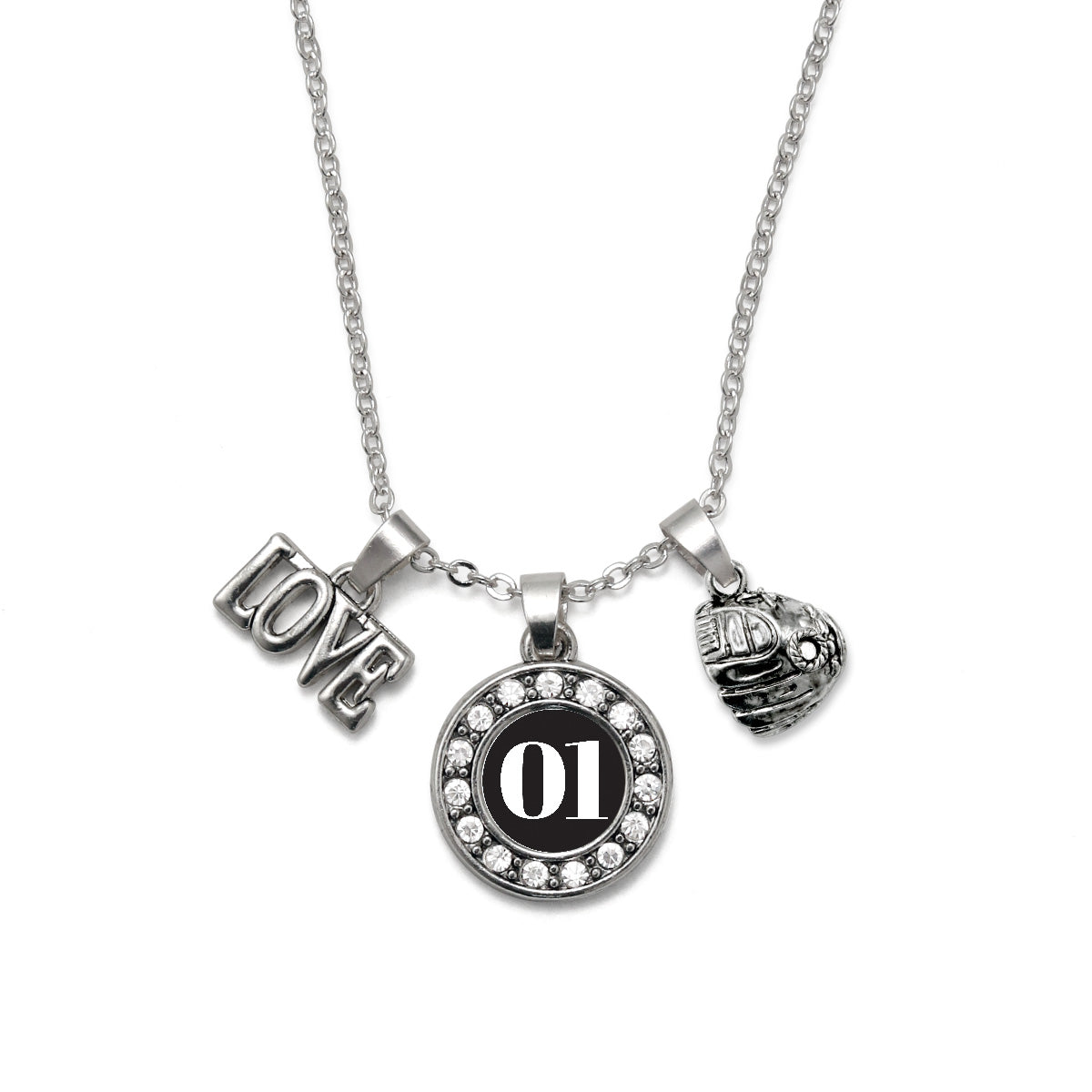 Silver Baseball Glove - Sports Number 01 Circle Charm Classic Necklace