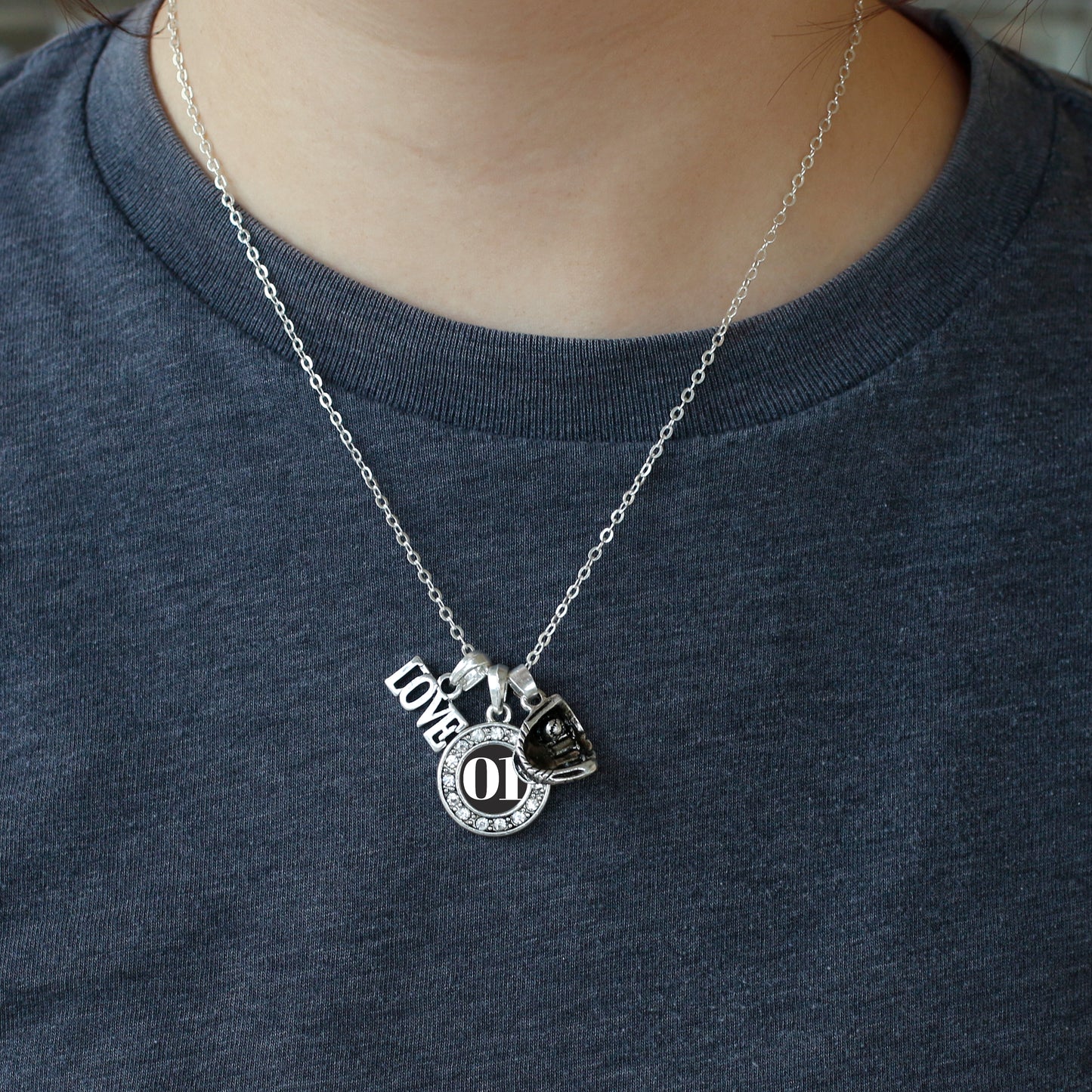 Silver Baseball Glove - Sports Number 01 Circle Charm Classic Necklace