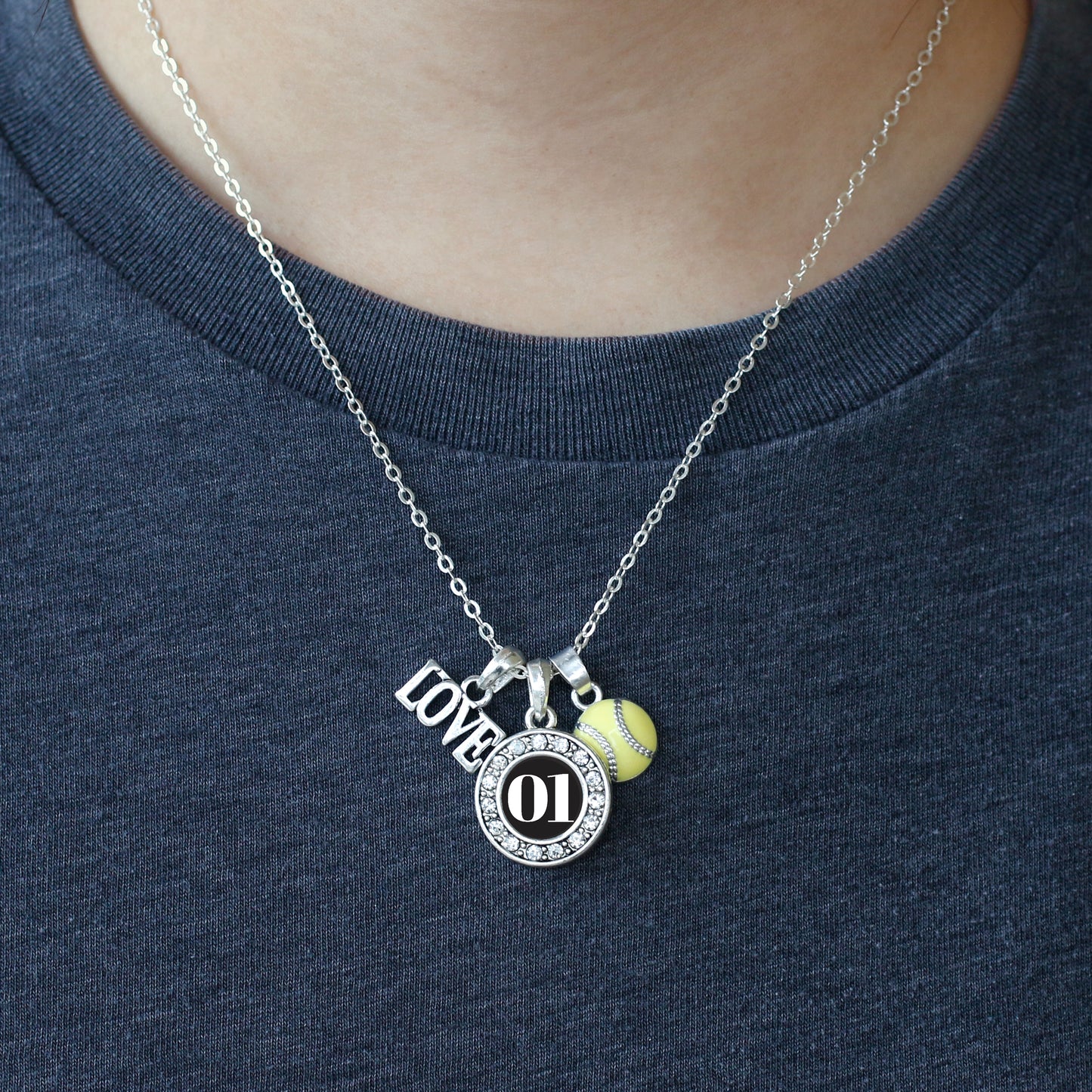 Silver Softball - Sports Number 01 Circle Charm Classic Necklace