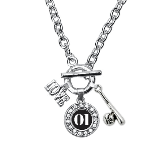 Silver Baseball Bat - Sports Number 01 Circle Charm Toggle Necklace