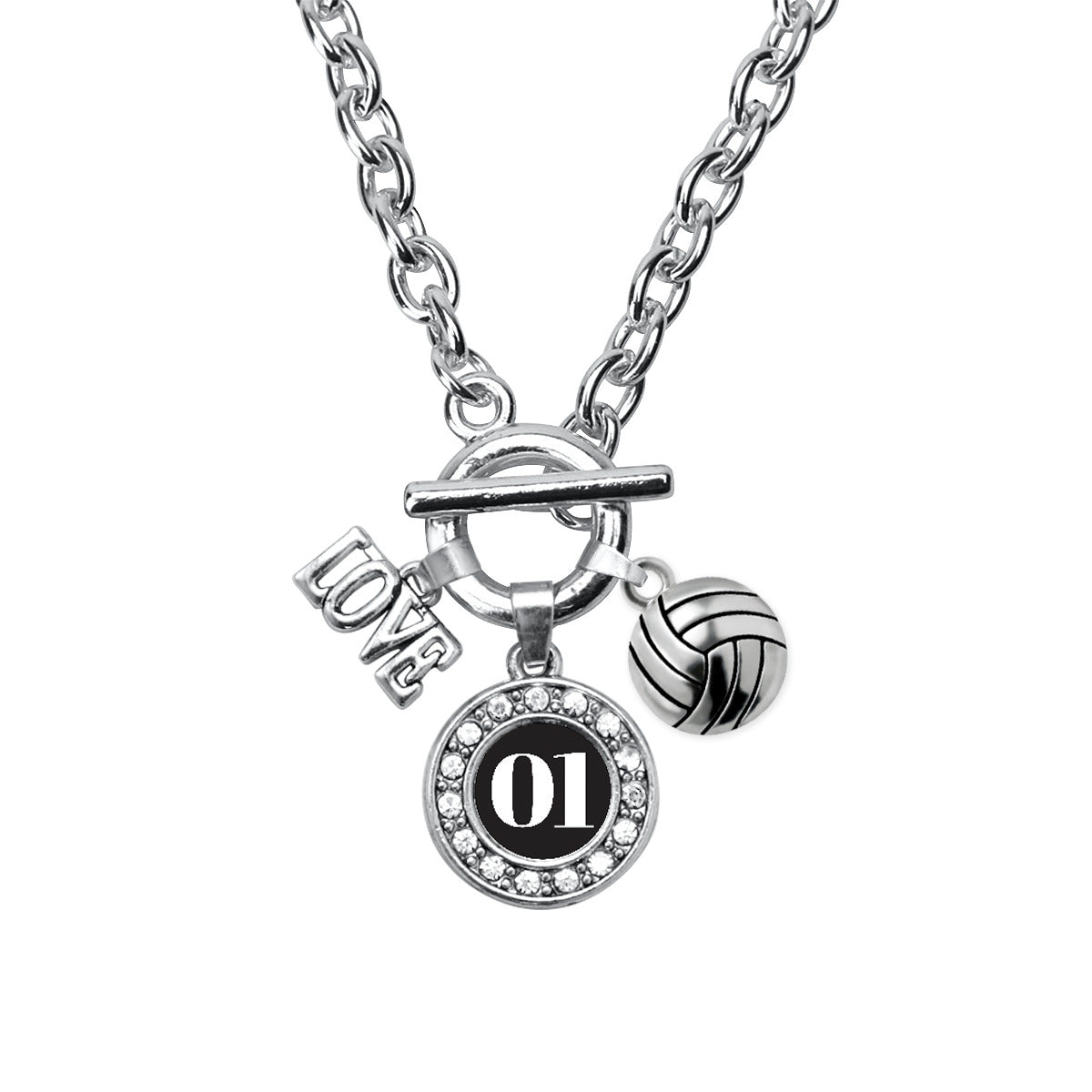 Silver Volleyball - Sports Number 01 Circle Charm Toggle Necklace