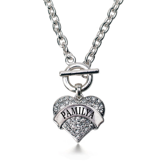 Silver Pamilya (Filipino) Pave Heart Charm Toggle Necklace