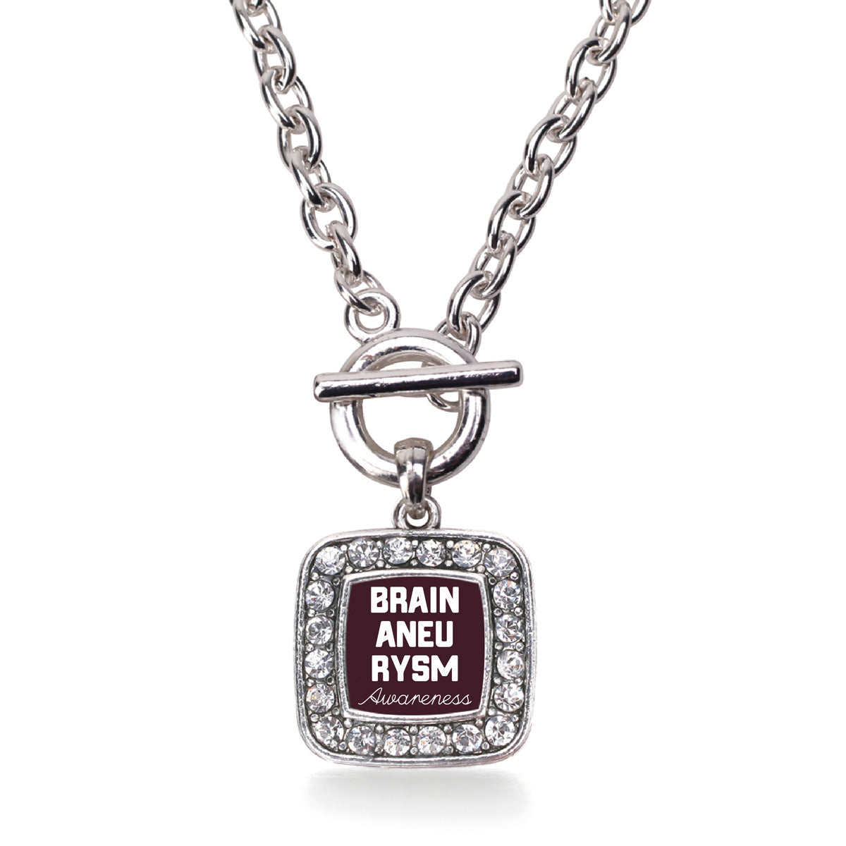 Silver Brain Aneurysm Awareness Square Charm Toggle Necklace