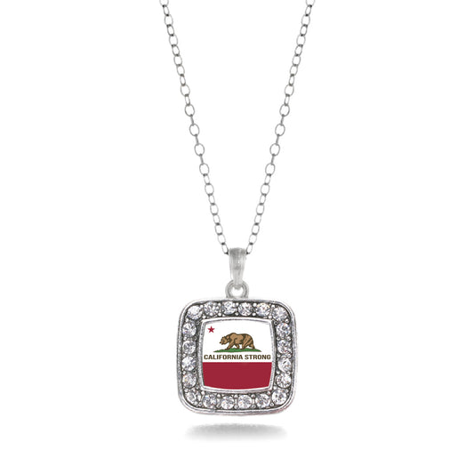 Silver California Strong Flag Square Charm Classic Necklace