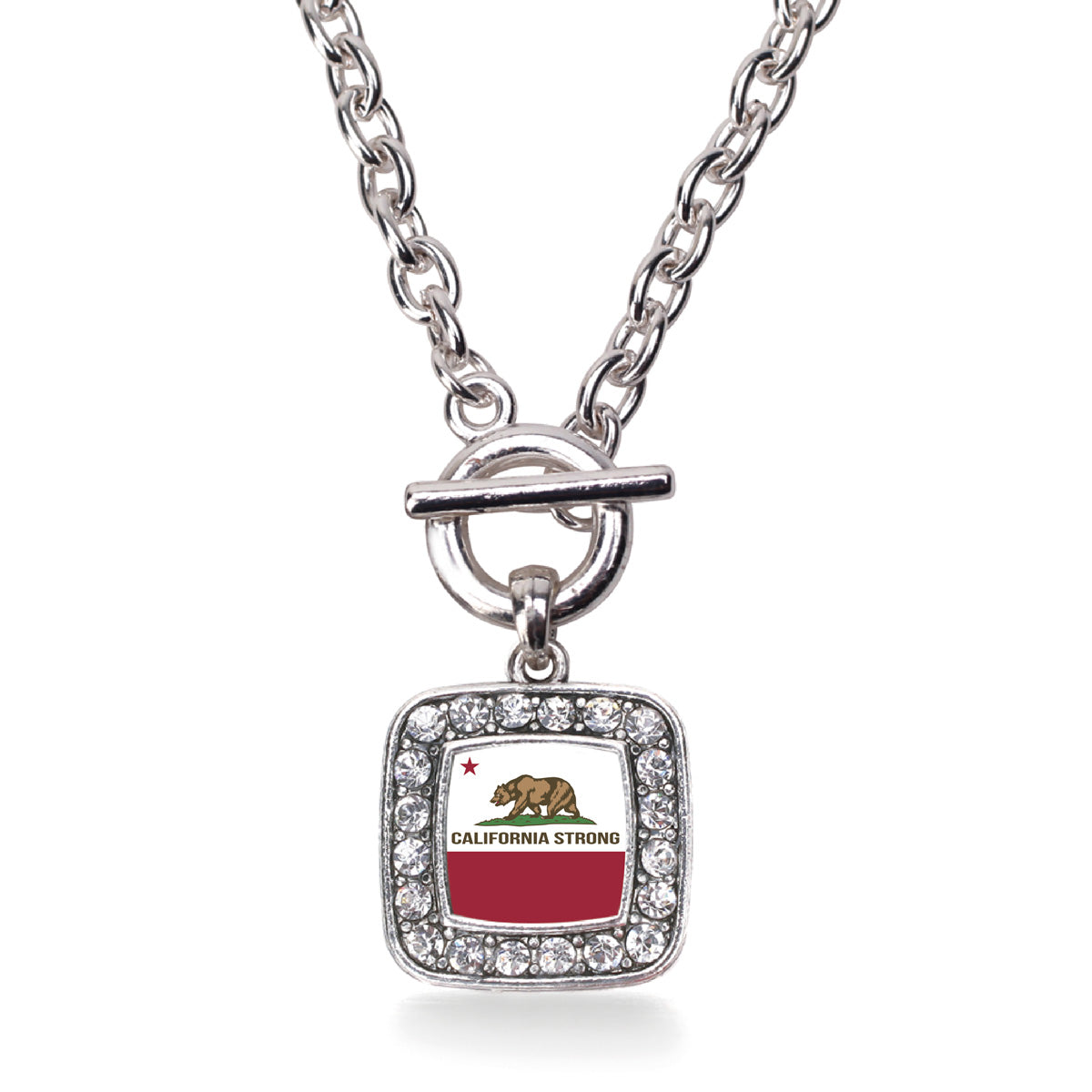 Silver California Strong Flag Square Charm Toggle Necklace