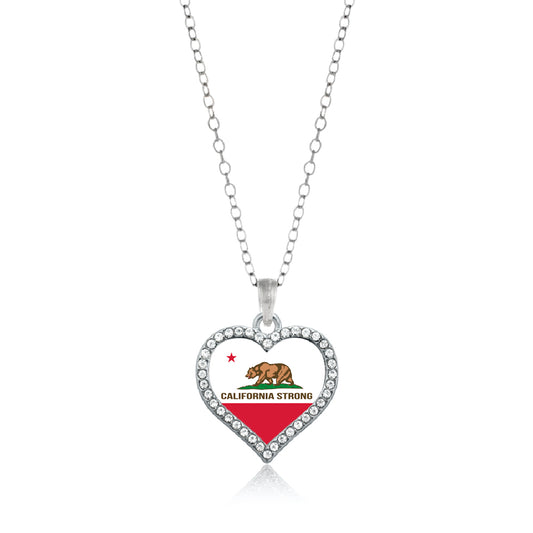 Silver California Strong Flag Open Heart Charm Classic Necklace