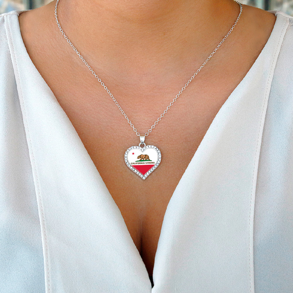 Silver California Strong Flag Open Heart Charm Classic Necklace