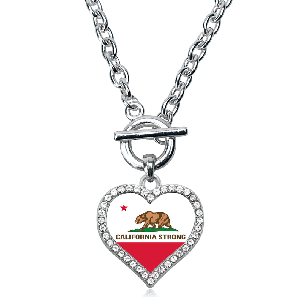 Silver California Strong Flag Open Heart Charm Toggle Necklace