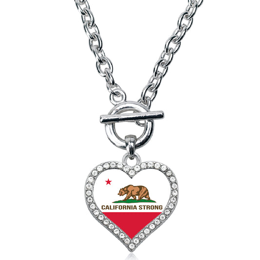 Silver California Strong Flag Open Heart Charm Toggle Necklace