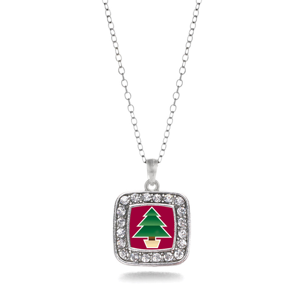 Silver Holiday Tree Square Charm Classic Necklace