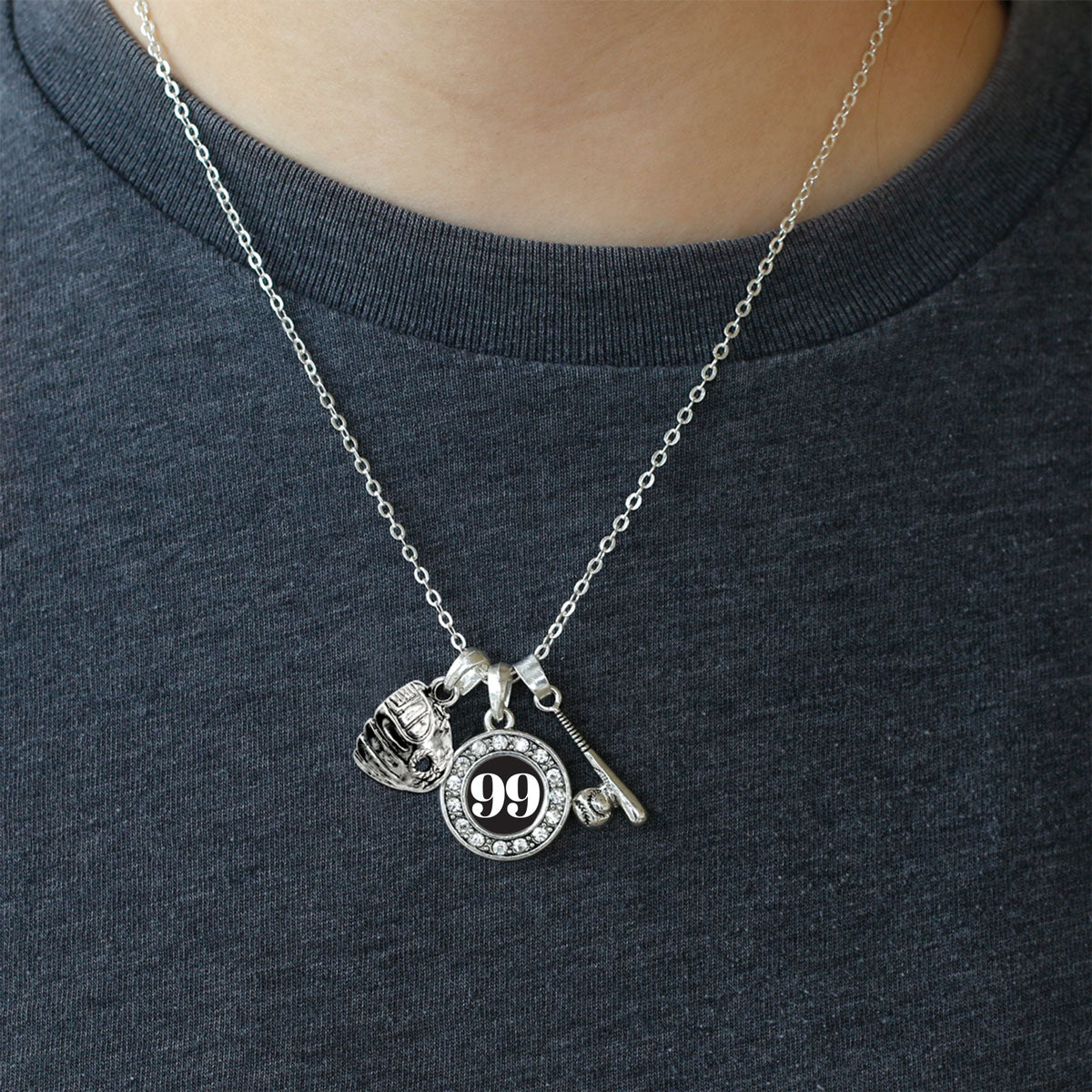 Silver Baseball/Softball - Sports Number 99 Circle Charm Classic Necklace