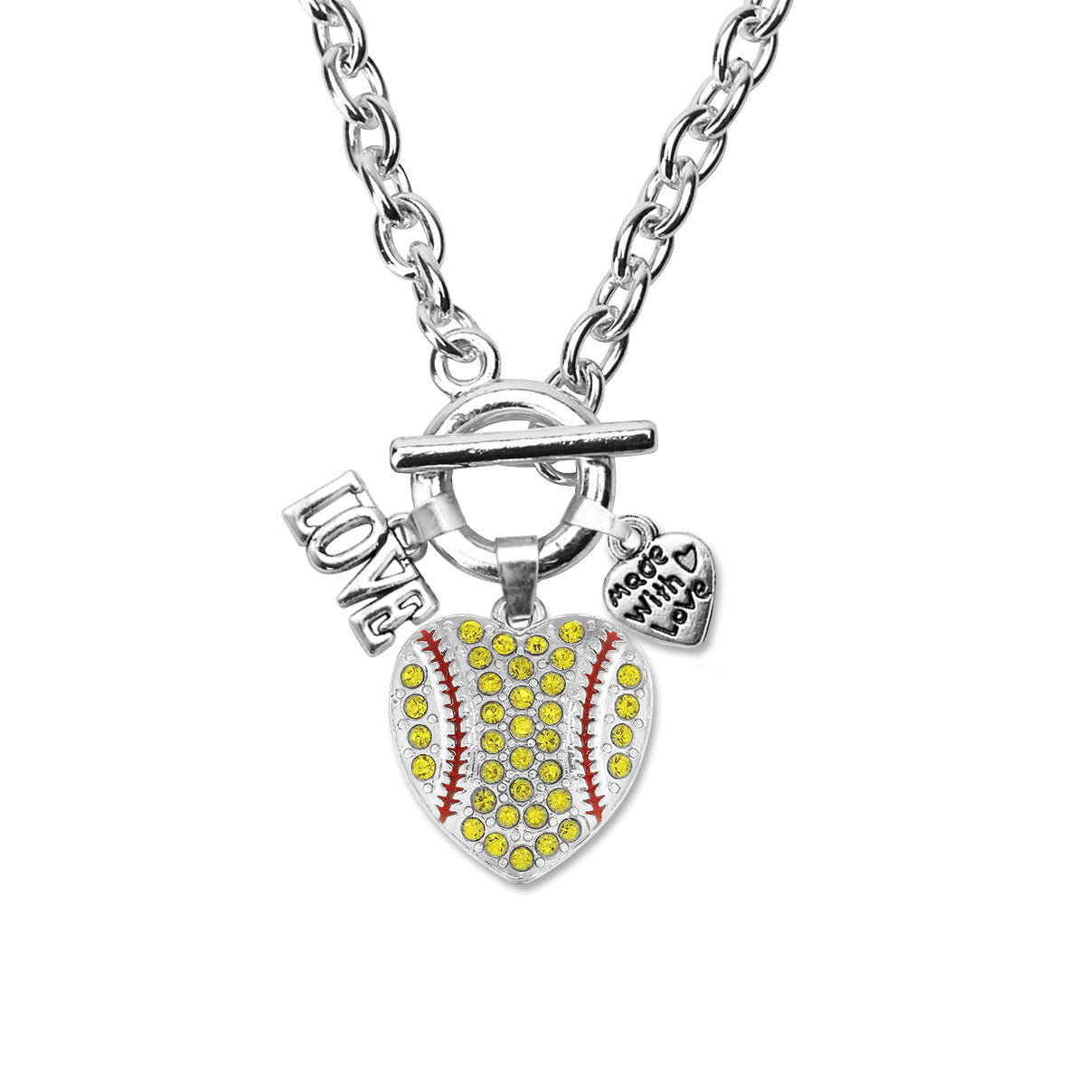 Silver Love Softball Heart Charm Toggle Necklace