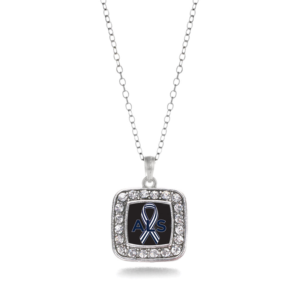 Silver ALS Awareness Square Charm Classic Necklace