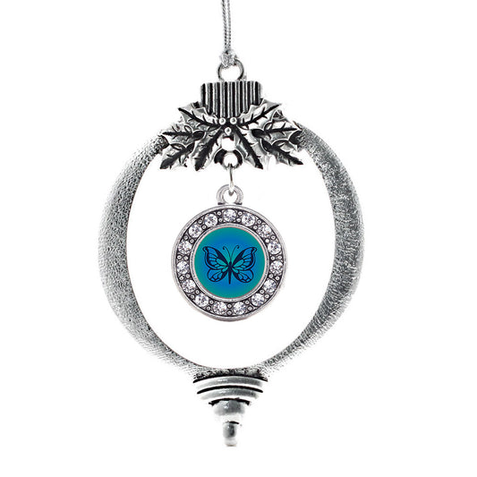 Silver Blue Butterfly Circle Charm Holiday Ornament