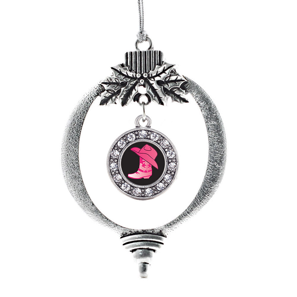 Silver Cowgirl Boot Circle Charm Holiday Ornament