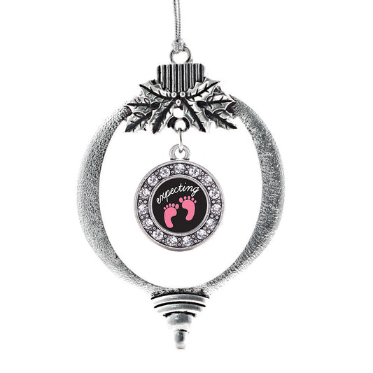 Silver Expecting A Girl Footprints Circle Charm Holiday Ornament