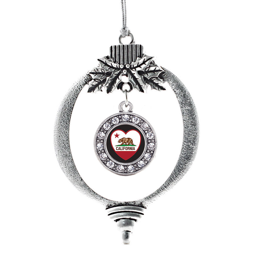 Silver California Heart Flag Circle Charm Holiday Ornament