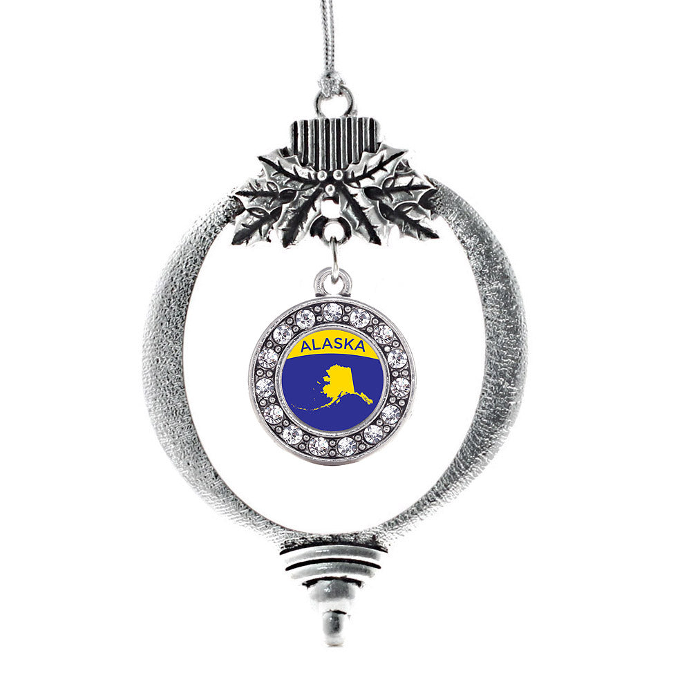 Silver Alaska Outline Circle Charm Holiday Ornament
