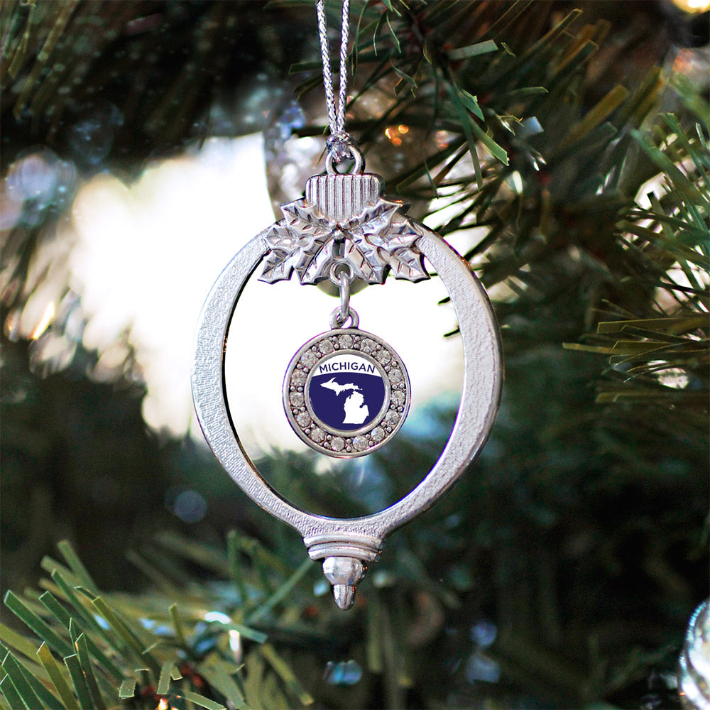 Silver Michigan Outline Circle Charm Holiday Ornament