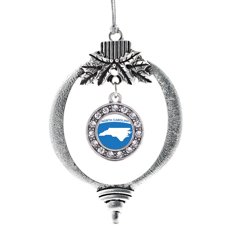Silver North Carolina Outline Circle Charm Holiday Ornament