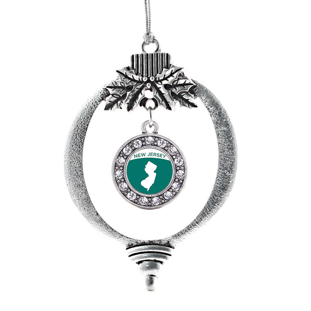 Silver New Jersey Outline Circle Charm Holiday Ornament