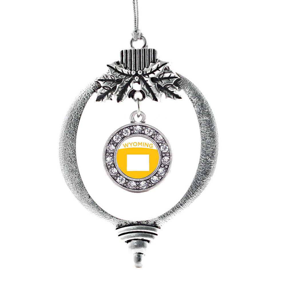 Silver Wyoming Outline Circle Charm Holiday Ornament