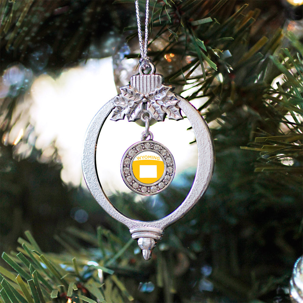 Silver Wyoming Outline Circle Charm Holiday Ornament