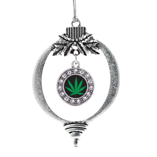 Silver Marijuana Leaf Circle Charm Holiday Ornament