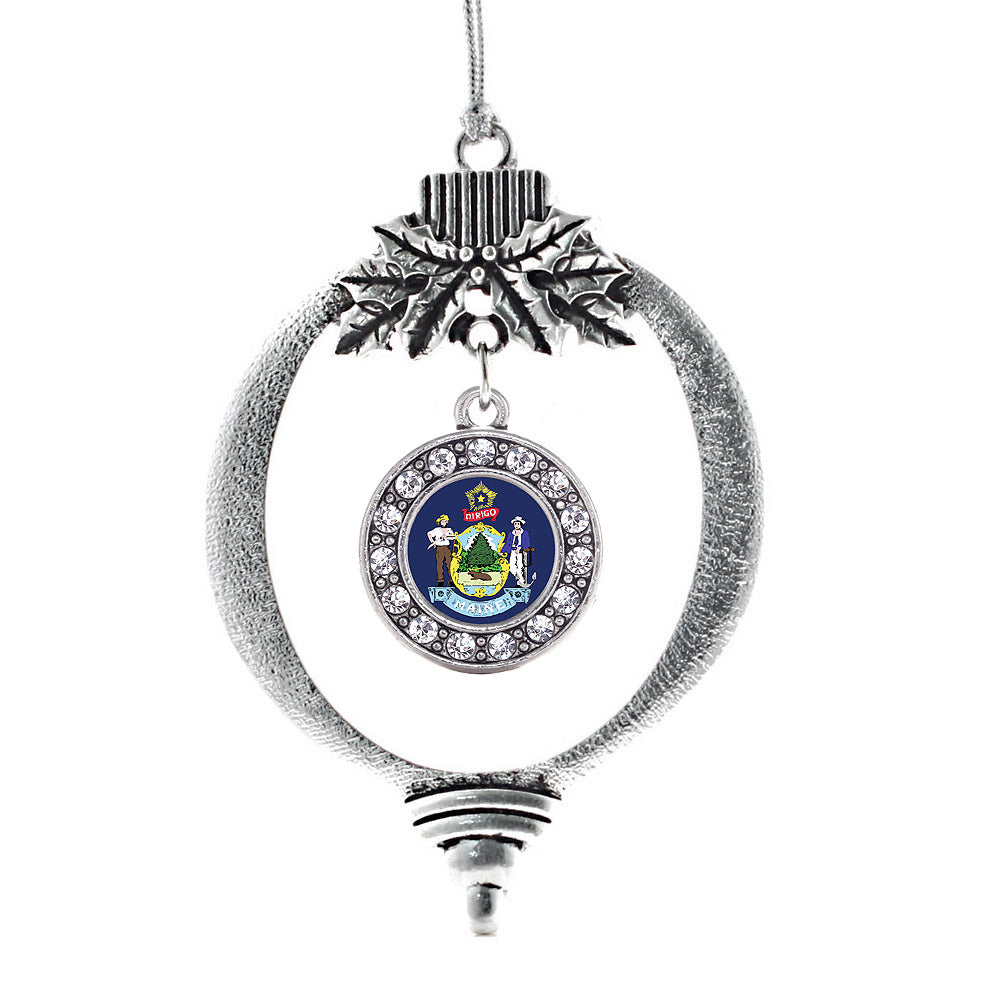 Silver Maine Flag Circle Charm Holiday Ornament