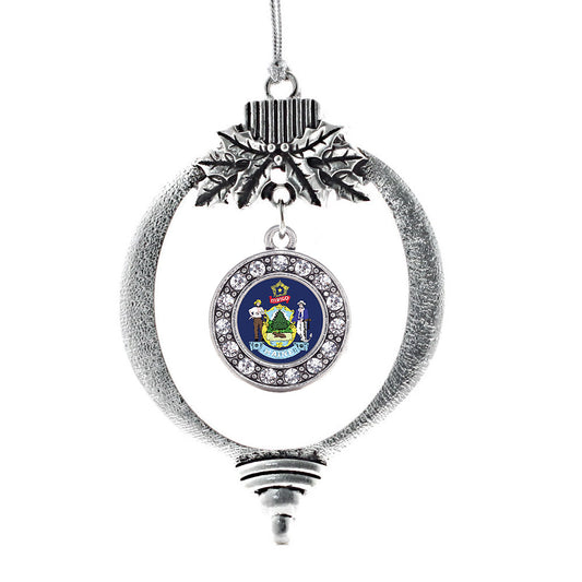 Silver Maine Flag Circle Charm Holiday Ornament